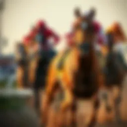 An artistic representation of a derby race with horses in action